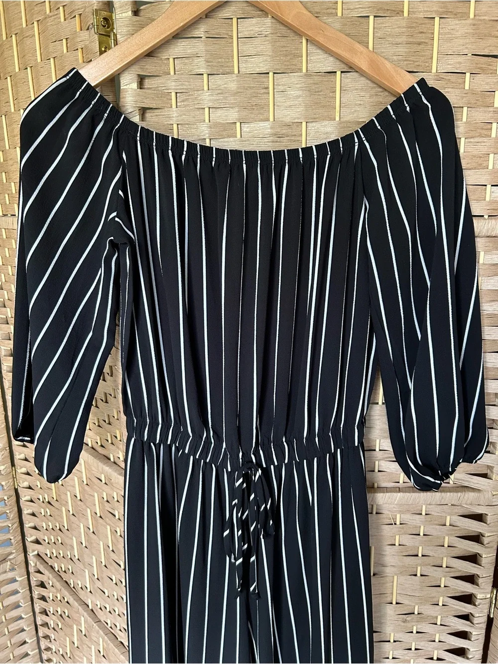 Haute Monde Black & White Striped Off-Shoulder Jumpsuit